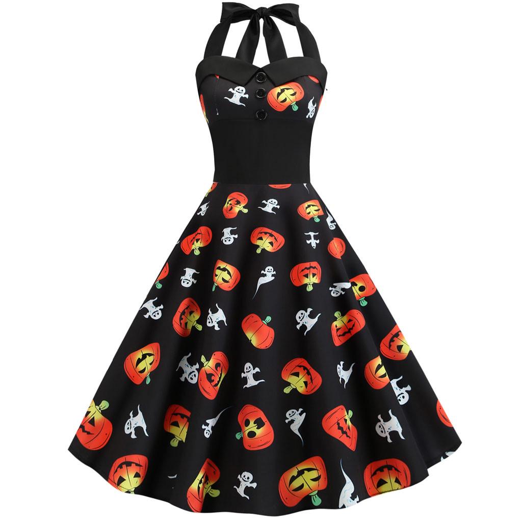 

Women s Vintage Print Halter Halloween Evening Party Swing Dress