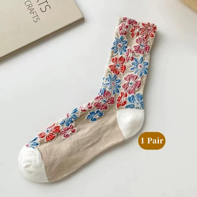 

1 Пара/5 Пар Жіночі Ретро Шкарпетки з Квітковим Принтом Середньої Довжини, Бавовняні Шкарпетки в Стилі Бохо, Вінтажні Естетичні Шкарпетки для Жінок One Size