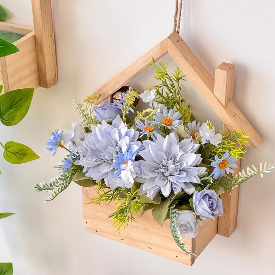 Wood Wall Planter with Artificial Plants, LED Lighted Rustic Farmhouse Wall Decor, Hanging Fake Plants Flowers Holder Vase for Bedroom Living Room