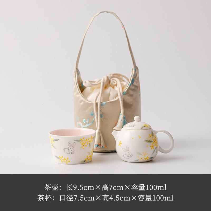 

Hand-painted Osmanthus Rabbit Travel Tea Set Kit Zen 1 Pot 1 Cup Tea Maker Organizer Portable Outdoor Handbag Ornaments Craft