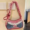 Korean Color-blocked Handbag Red Plaid Denim Patchwork Shoulder Bag Y2k Lace Crossbody Bag Sweet Girl Zipper Small Square Bag
