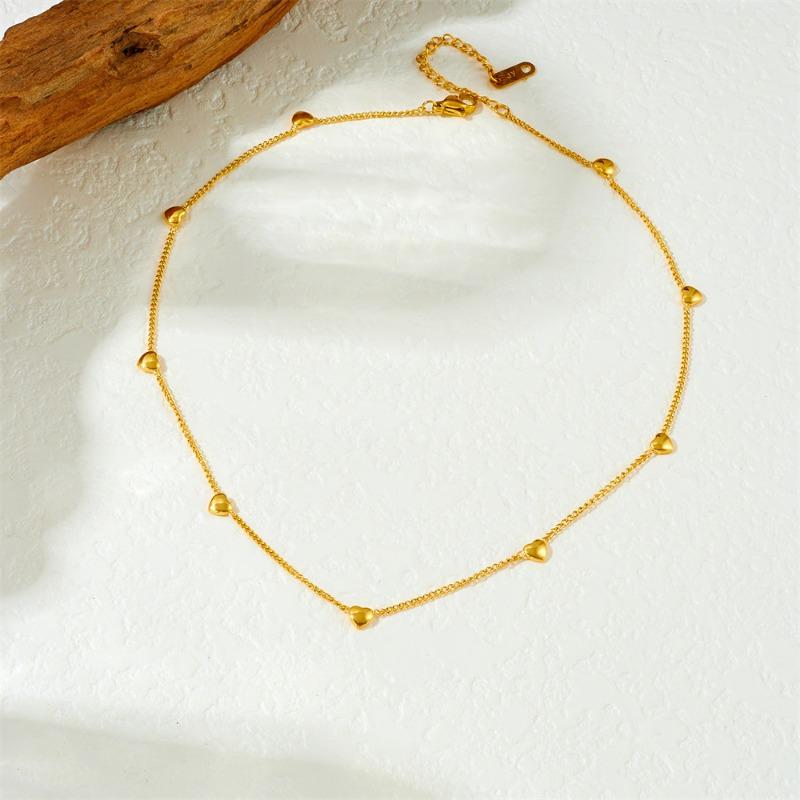 Gold Plated 3D Heart Station Chain Necklace, Stainless Steel Dainty Heart Pendant Choker, Waterproof Minimalist Jewelry for Women Gift