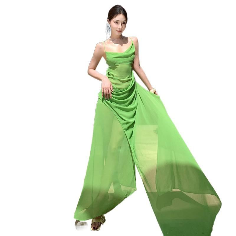 Green Swinging Neck Mesh Suspender Dress Women's Summer New Seaside Vacation Waist Dress