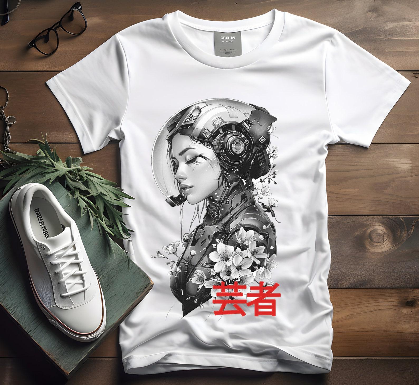 Robot Geisha T-Shirt: Cyberpunk Sakura Blossom Design XL