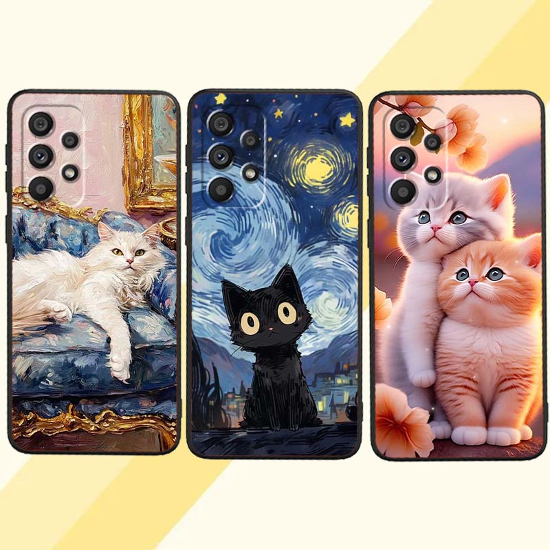 Cute cartoon cat illustration Phone Case For Samsung A73 A72 A71 A55 A54 A53 A52 A51 A13 A22 A16 A15 A12 A14 A26 A07 5G Black