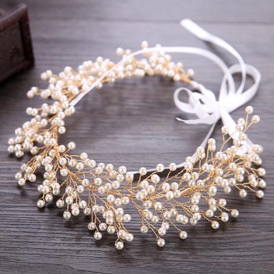 AiliBride Luxury Bridal Headband Tiara Pearl Wedding Στολίδια για τα μαλλιά Tiara Gold Χειροποίητα κοσμήματα για τα μαλλιά
