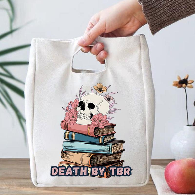 

Skeleton Reading Graphic Portable Lunch Bag Vintage Skull Book Print Lunch Box Storage Bag Student Insulated Canvas Lunch Bags