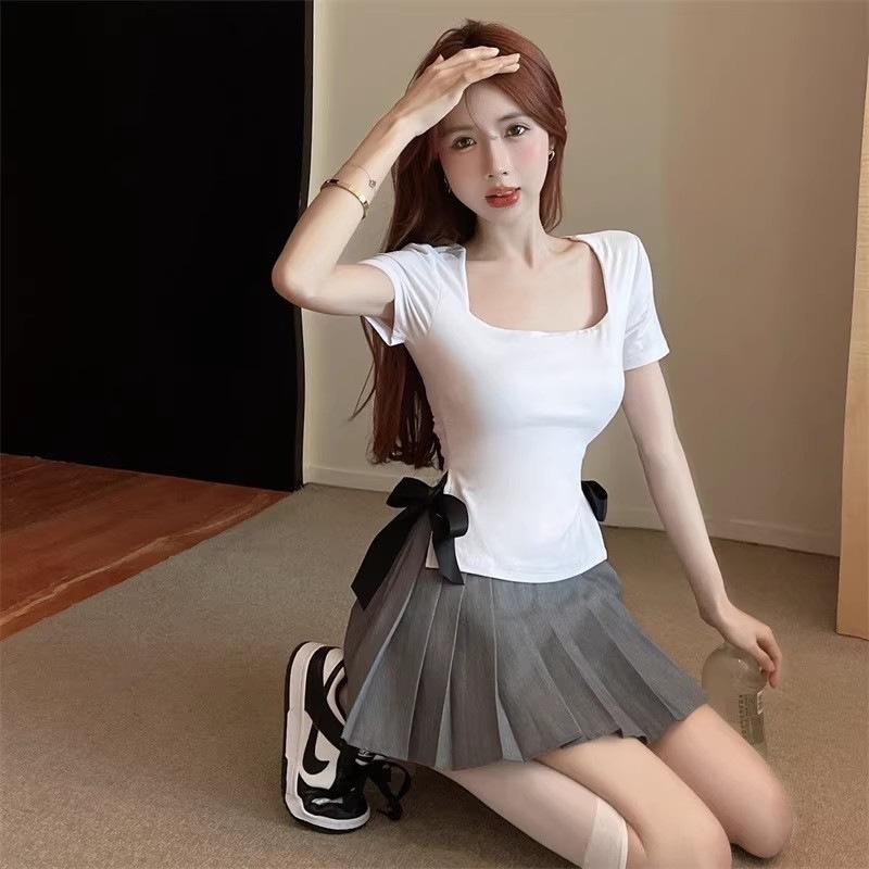 Square collar pure desire sweet spice girl showing collarbone short sleeve T-shirt women's split fork bow slim fit unique chic top
