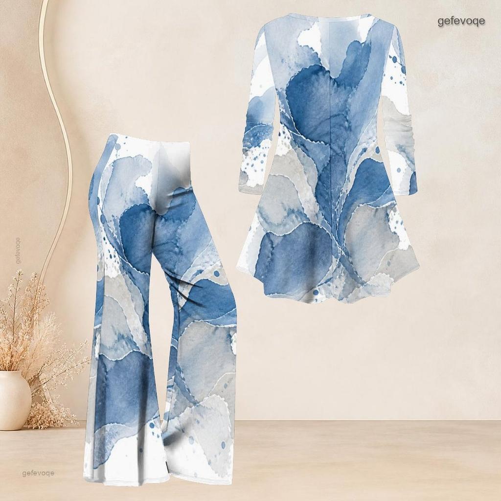 Women Plus Size Round Neck Three Quarter Sleeve Blue Printed Flared Top And Flared Pants Two Piece Set