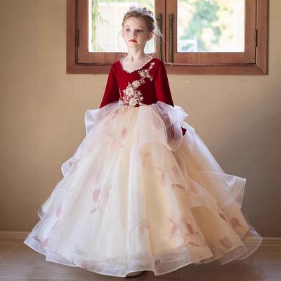 Girls' Burgundy Puff Tulle Evening Dress – Luxurious Princess Costume for Piano Performance