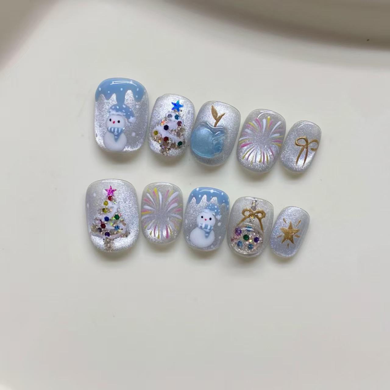 Hand-Painted Press-On Nails: Cute Snowman & Snowflake Nail Art for Spring, Christmas, & Winter Large