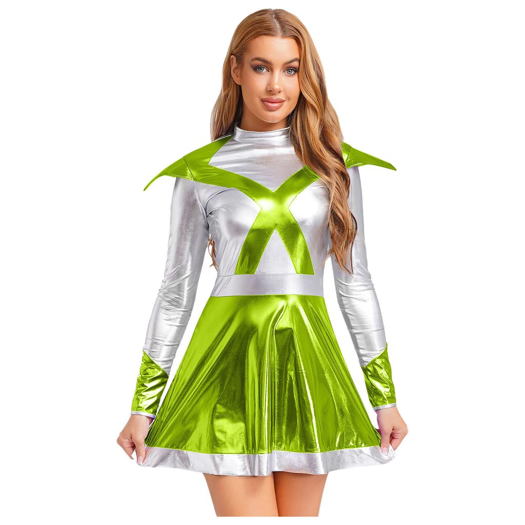 Damen Alien Astronaut Cosplay Kleid Langarm Klappe Kontrastfarbe Metallic Glänzend A-Linie Weltraumkrieger Kleid
