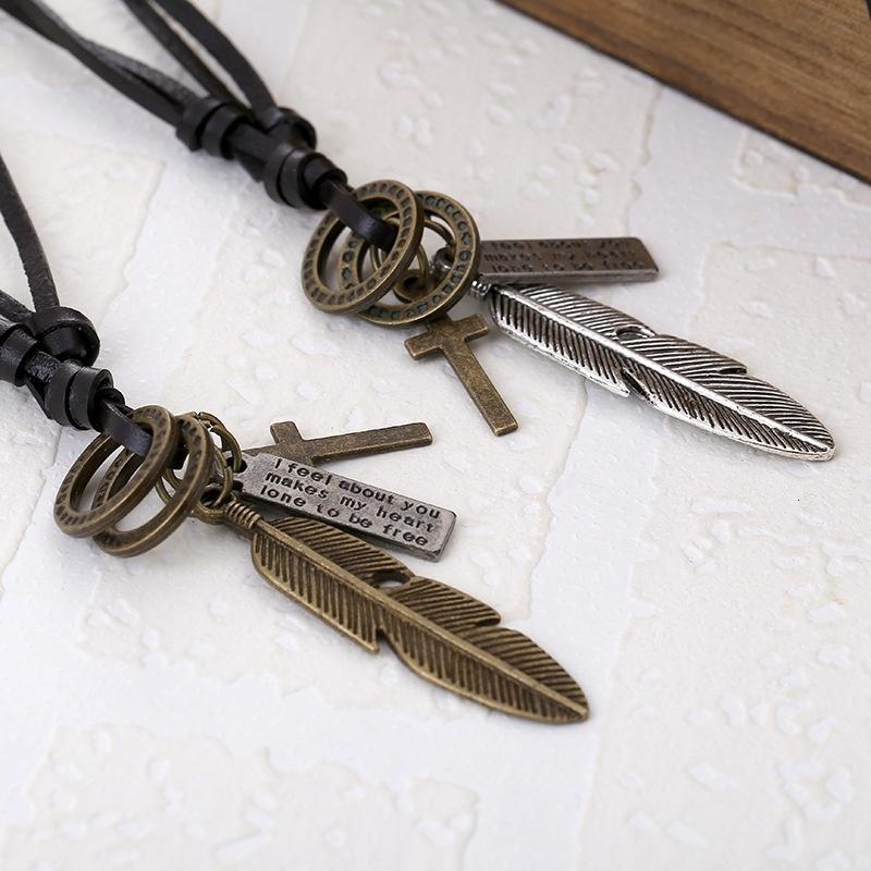 Vintage Feather Pendant Necklaces for Women Men Friendship Adjustable Long Leather Rope Chain Necklace Jewelry