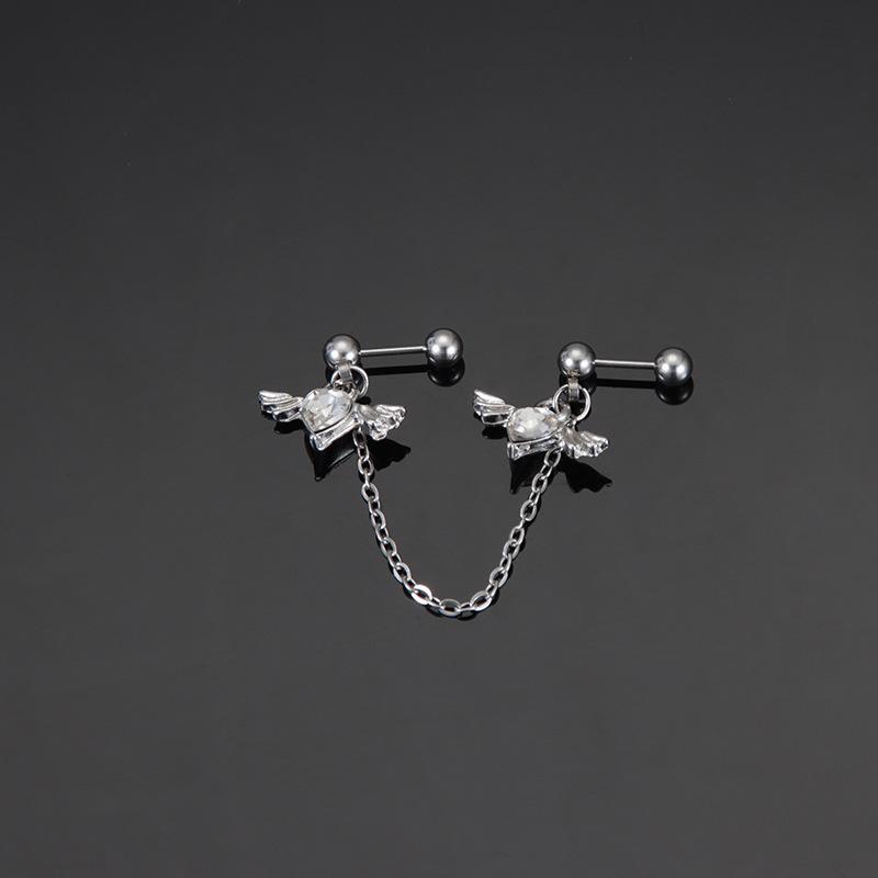Zircon Heart-shaped Ear Barbell with Sweet and Cool Chain Wings Earrings, Titanium Steel Little Angel Wings Stud Earrings