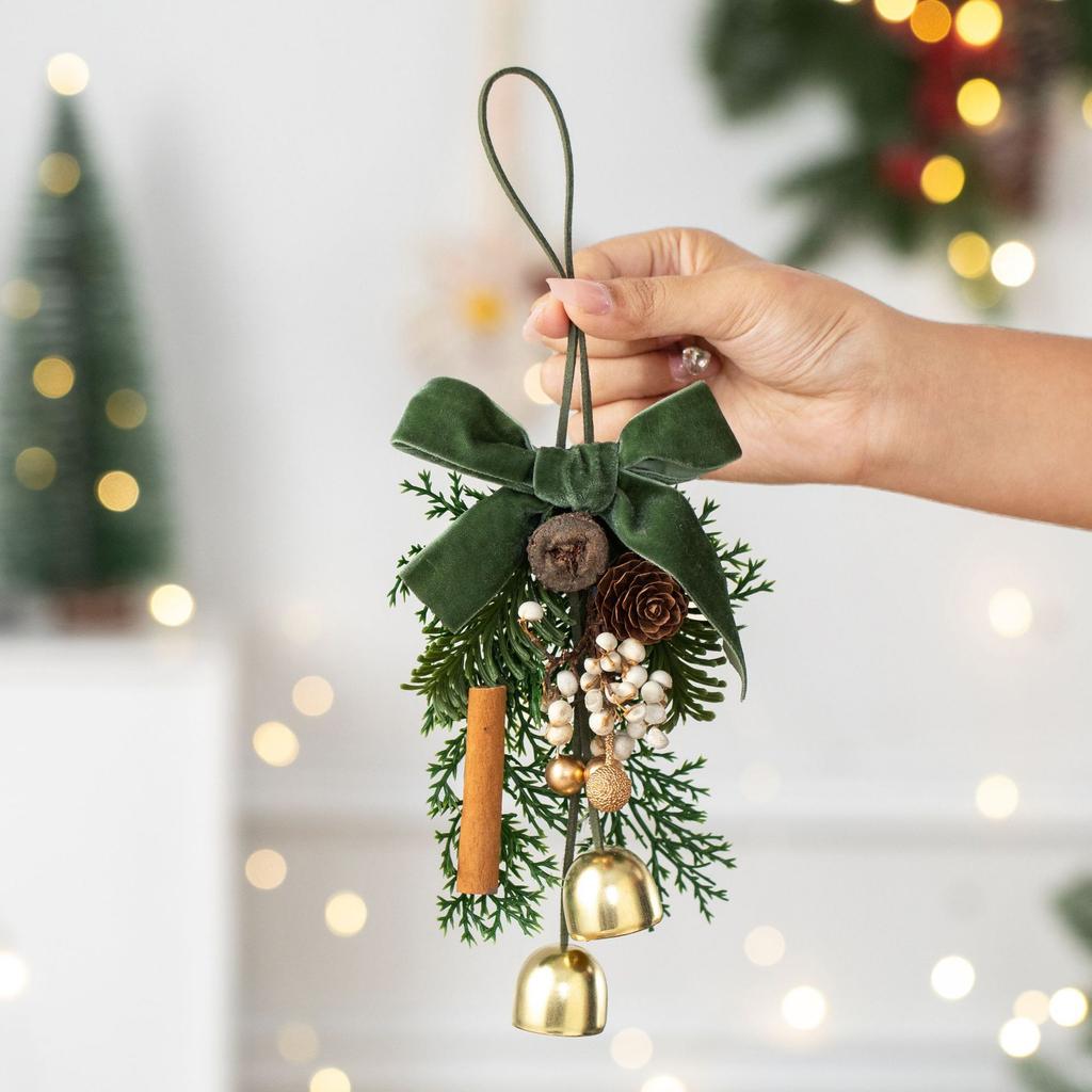 Christmas Ornament Velvet Bow Pinecone Pine Branch Hanging Pendant Xmas Tree Decor Vintage Metal Bells Home Party Decor
