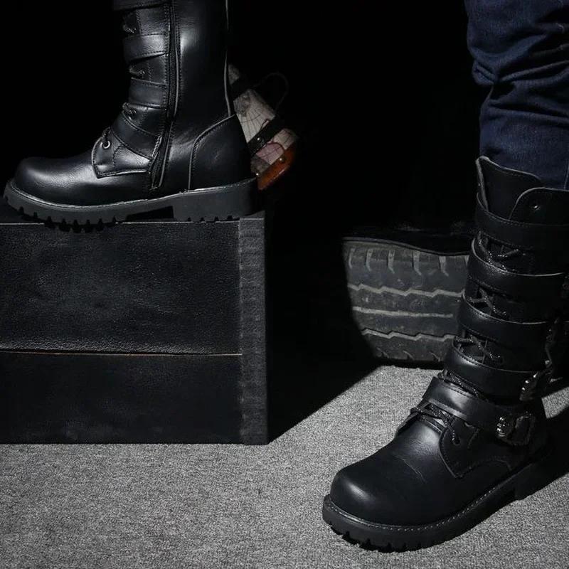 Winter Men's Leather Motorcycle Boots Punk Chain Mid-calf Platform Gothic Combat Boots for Men Biker Boots Men