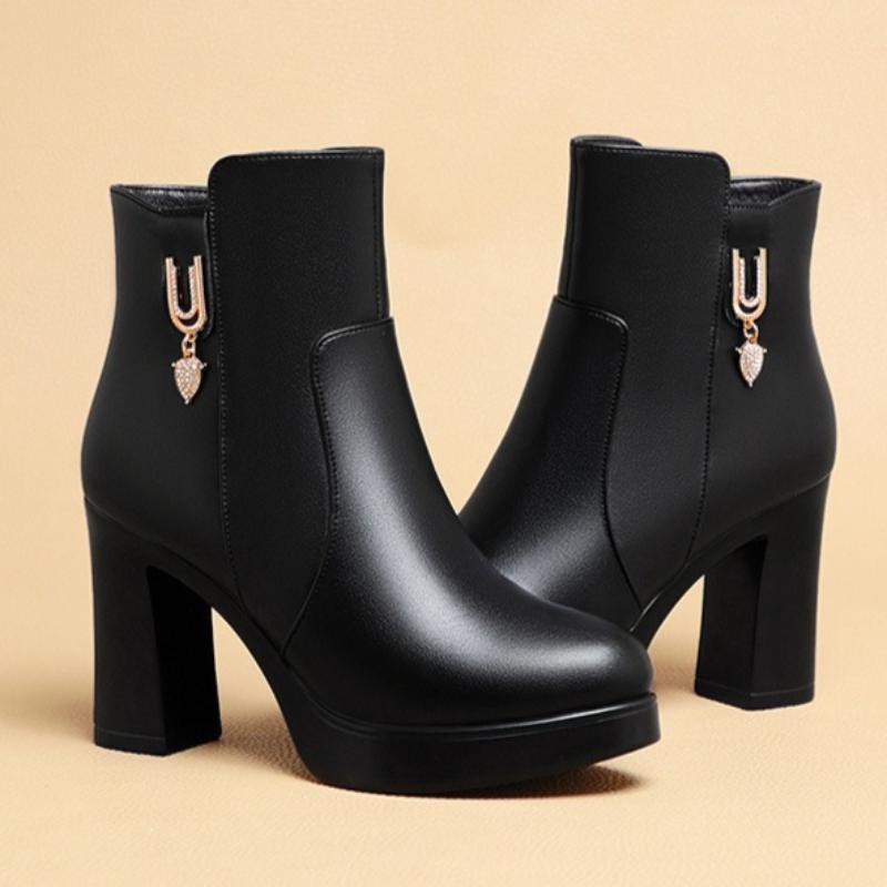 Women's Autumn/Winter High-Heeled Short Boots with Chunky Heels and Fleece Lining