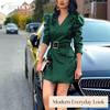 JPNTKY Women's Fashion Autumn Winter Solid Color Print Long Sleeve V-Neck Casual Dresses