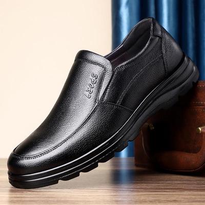 Black Genuine Leather Slip-On Shoes for Middle-Aged & Elderly Men - Non-Slip Soft Sole Casual Footwear for Autumn.