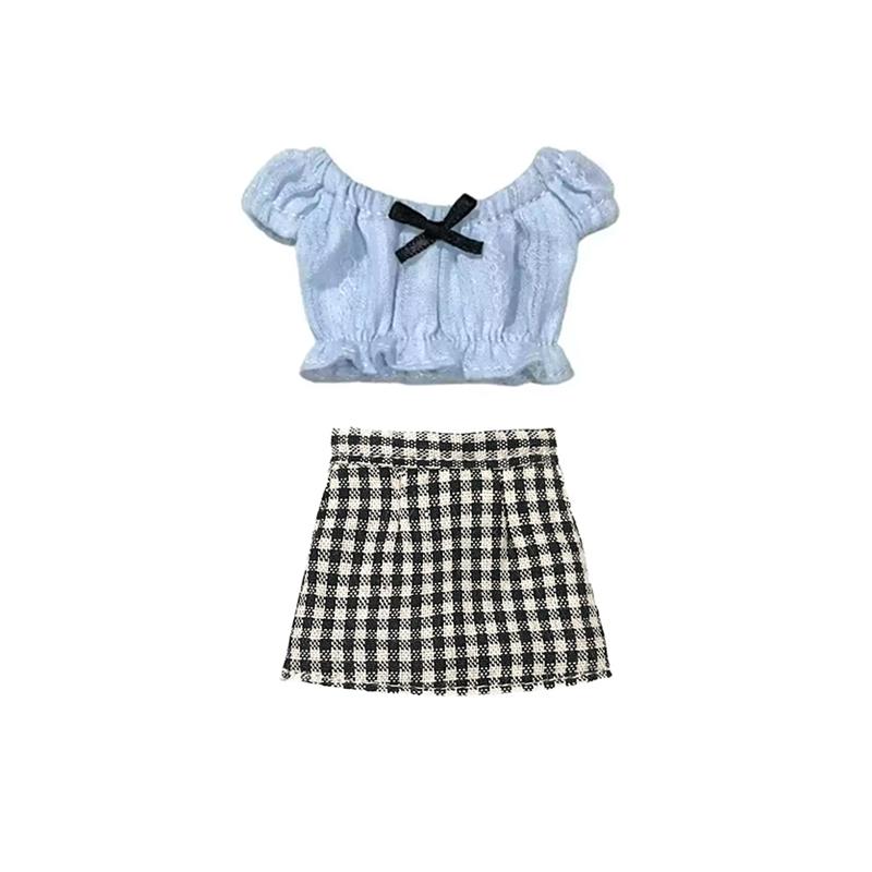 DLBell Fashion Blythe Clothes Off Shoulder Bow Top and Mini Plaid Short Skirt for Blythe OB24 Licca Pullip 1/6 Dolls Outfit