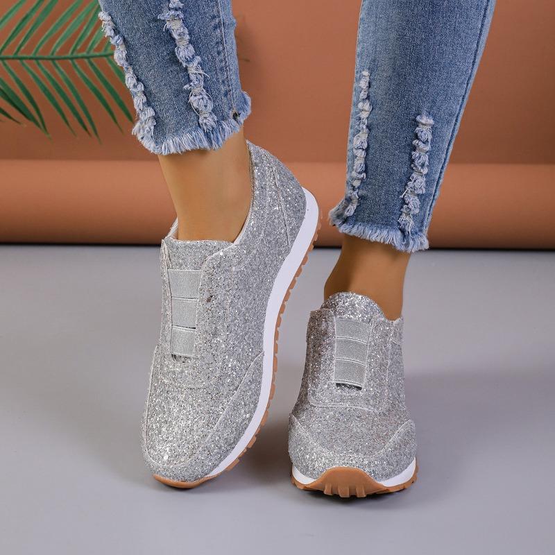 Women's Sequined Rhinestone Elastic Comfortable Thick-Soled Peep-Toe Casual Slip-On Shoes, Versatile Footwear.