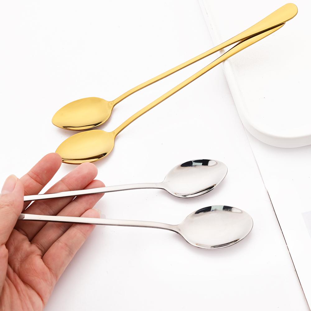 6P Black Coffee Spoon Stainless Steel Tableware Set Long Handle Ice Cream Dessert Teaspoon Picnic Drinkware Kitchen Accessories
