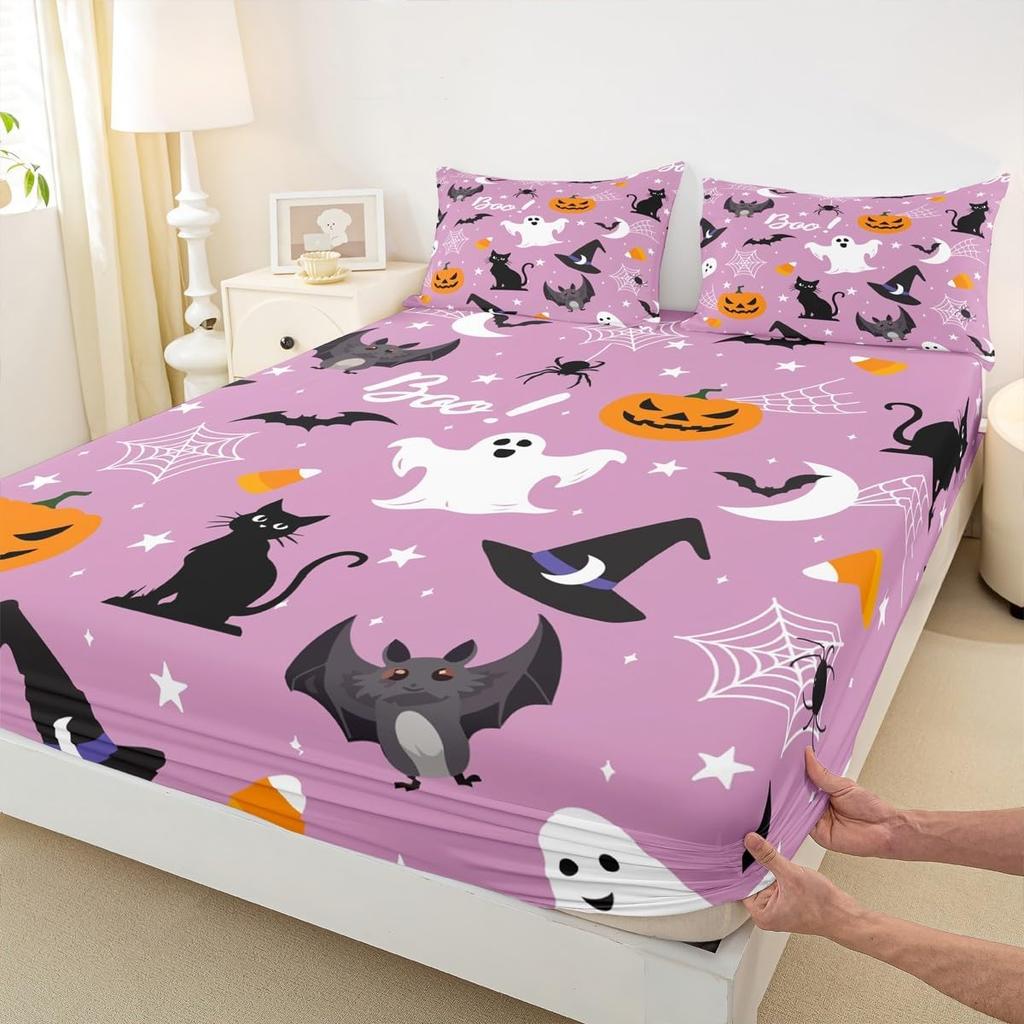 Gothic Spooky Bedding Set Pumpkin Lantern Cute Halloween Bed Sheets for Kids Boys Teens,Ghost Spiderwebs Fitted Sheet Black Cat Cobwebs Bats