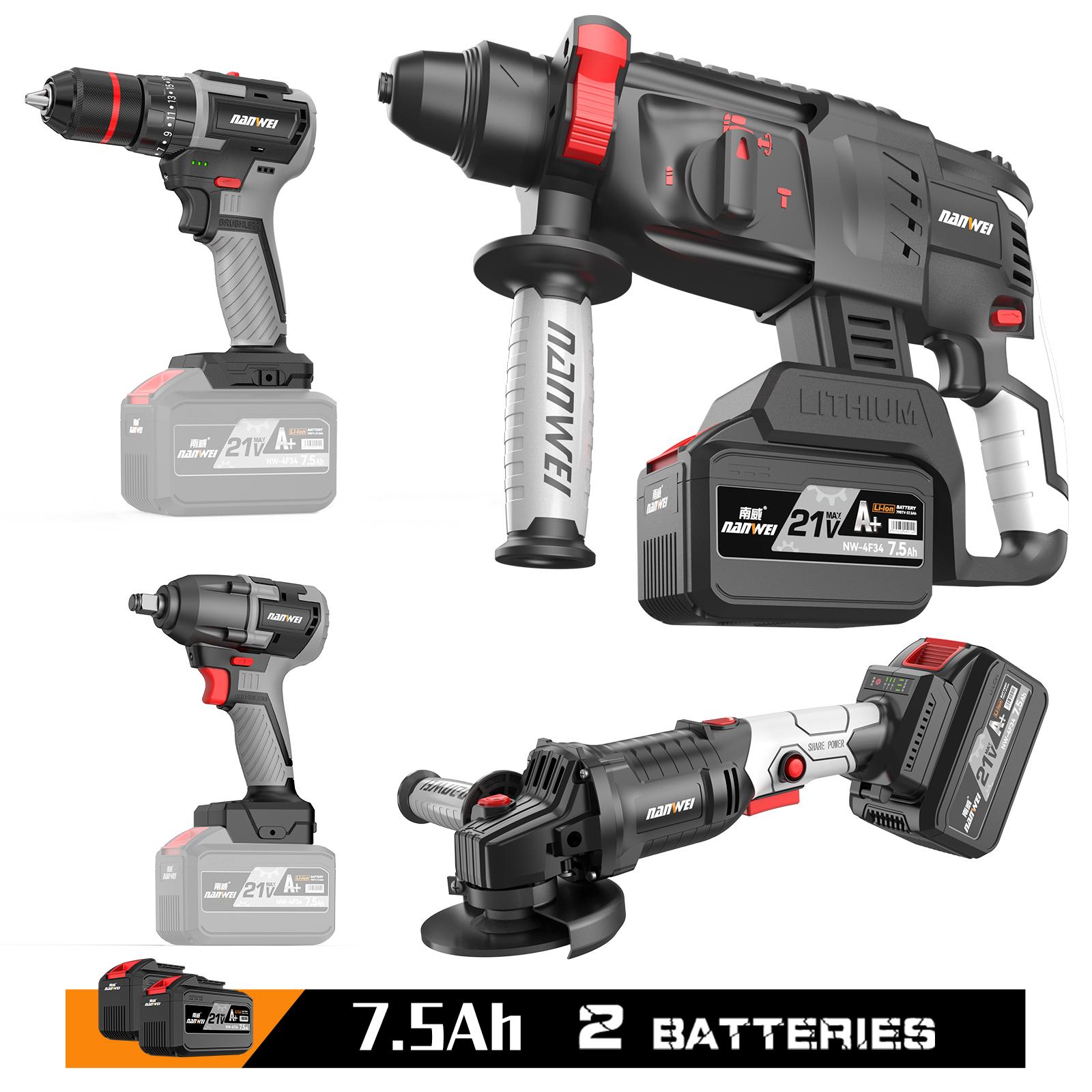 

NANWEI 3/4 шт. электроинструмент, аккумуляторная электрическая дрель/гаечный ключ 380N/электрический молоток/125 мм, угловая шлифовальная машина, наборы электрических инструментов 7.5ah