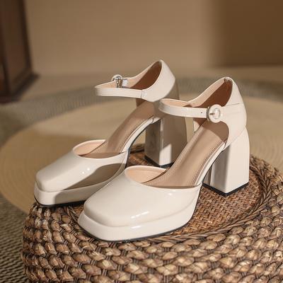 Square Head Waterproof Table Mary Jane High Heels Women's 2025 Spring New One-word Buckle with Hollow Thick-soled Thick-heeled Single Shoes
