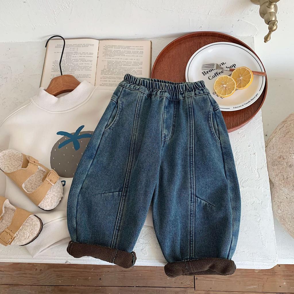 Children's Jeans 2024 Winter New Boys' Korean Style Simple All-match Baby Fleece-lined Trousers