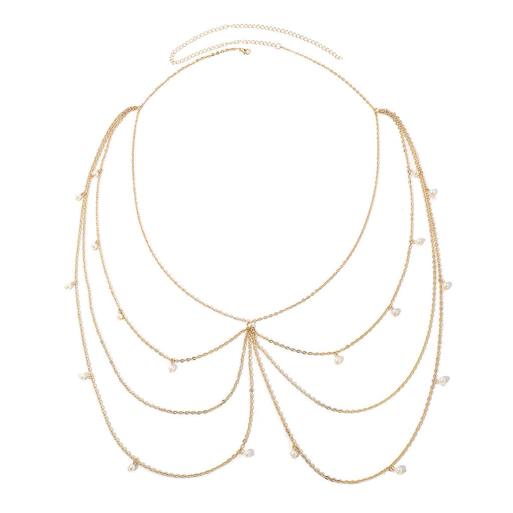 Sexy Metal Beaded Chest Chain for Women Simple Design Gold Color Geometric Metal Tassel Body Chain Beach Party Bikini Jewelry