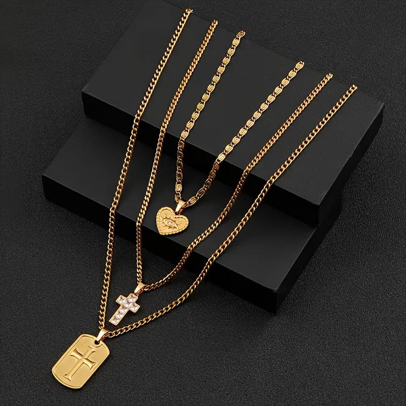 3PCS Adjustable Stainless Steel Cross Pendant Necklace for Men - Geometric Minimalist Chain with Gold Plating, Unisex Everyday Jewelry