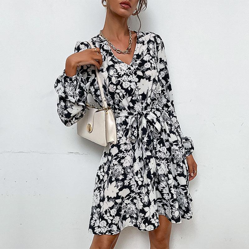 Women's Spring Autumn V Neck Long Sleeve Lace Up Printed High Waist A Line Dress