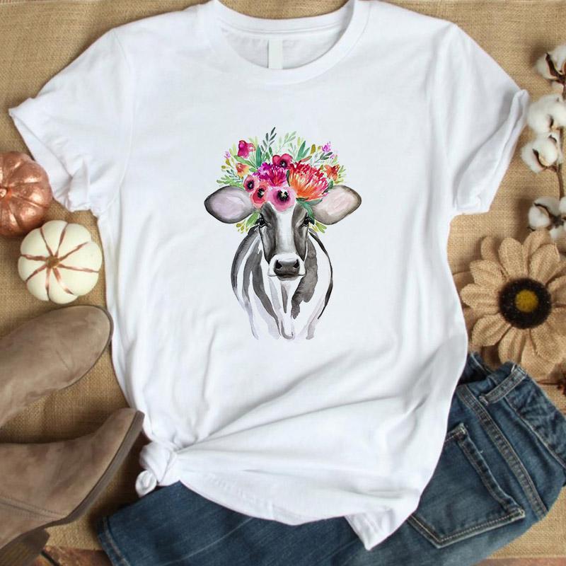 2022 Women T-shirt Floral Cow Flower Print Summer Women Graphic Tops Short Sleeve tshirt Femal tee shirt femme