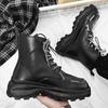 Módní šněrovací pánské platformové boty, ležérní vysoké kotníkové boty, pánské robustní boty, streetwear, hip hop, černé motocyklové boty pro muže