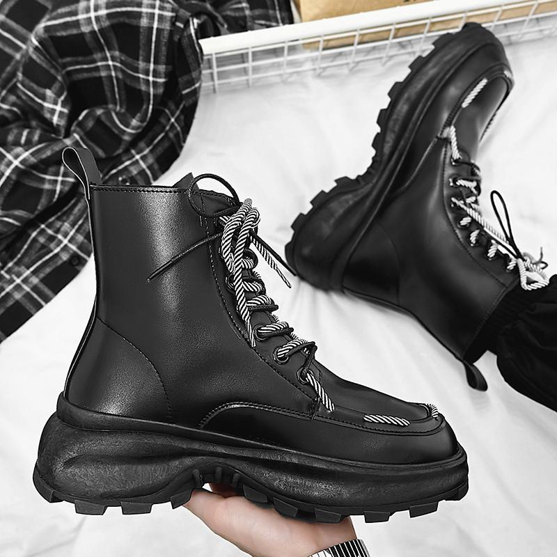 Módní šněrovací pánské platformové boty, ležérní vysoké kotníkové boty, pánské robustní boty, streetwear, hip hop, černé motocyklové boty pro muže
