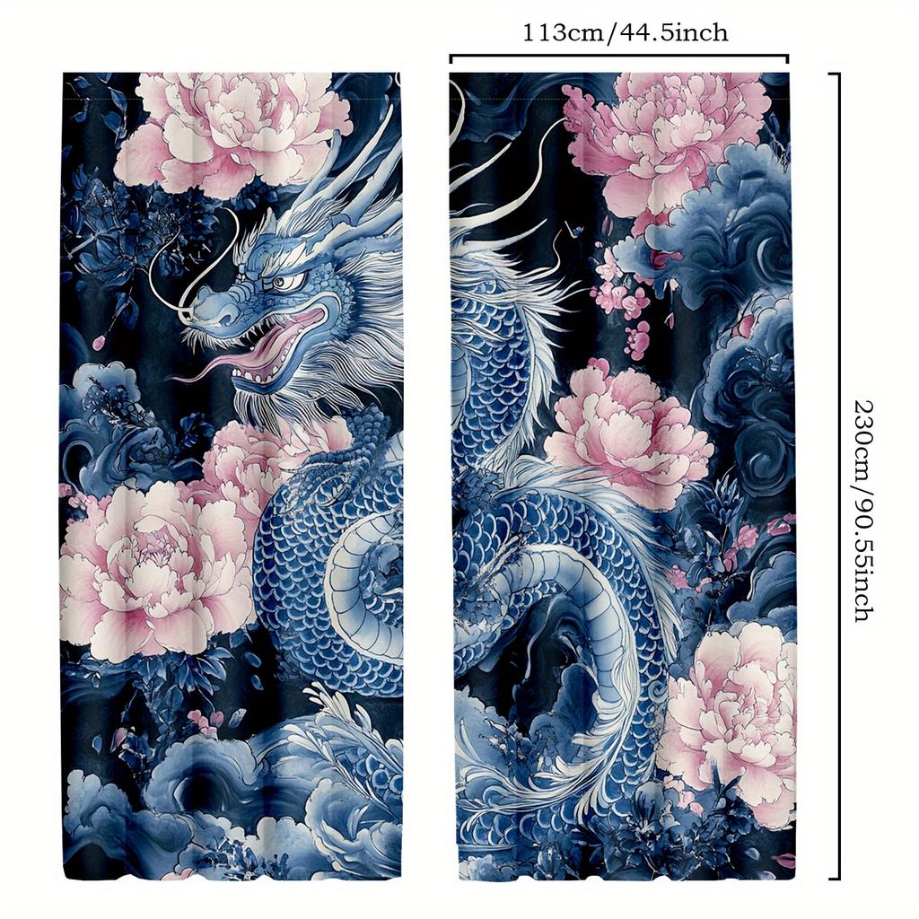 2pcs Japanese Dragon and Flower Curtains   Ancient Mythical Creatures Window Drapes