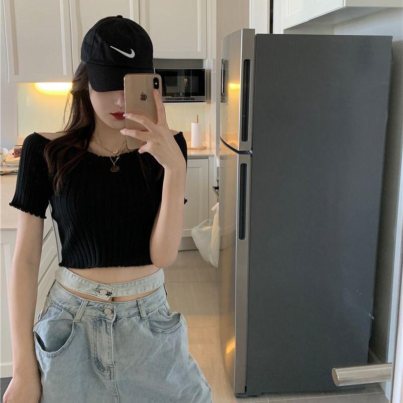 Korean Chic 2025 Summer Sexy Off-Shoulder Knit Top