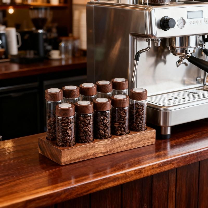 Premium Coffee Dispenser With Borosilicate Glass Container And Natural Wooden Display Stand Coffee Dispenser