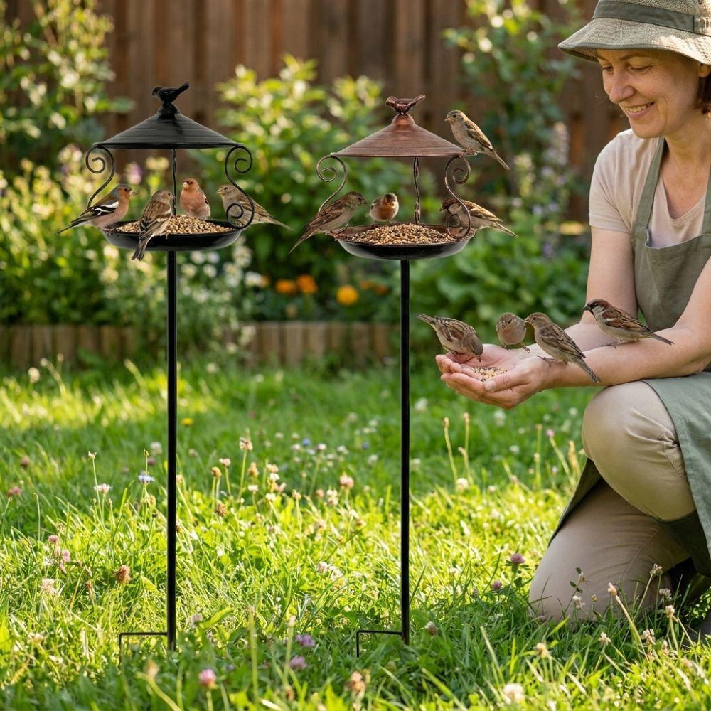 Weatherproof Standing Bird Feeder Iron Art Retro Style Wild Feeding Station Large Capacity Rust-resistant Bird Water Drinker