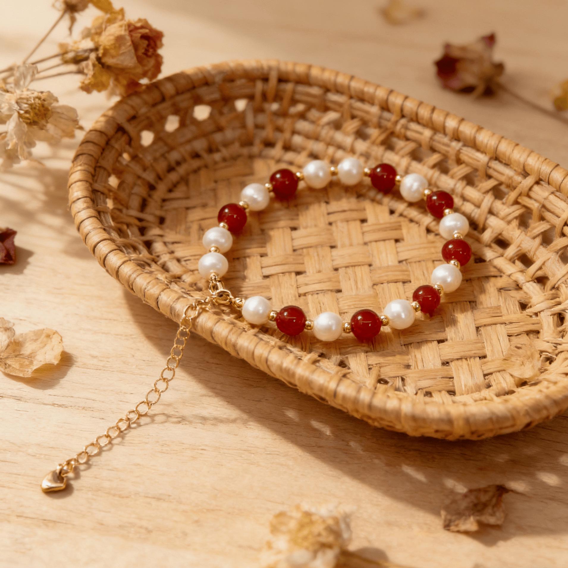 Red Agate  Freshwater Pearl Bracelet - Elegant Chinese Design Gift for Her