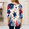 Women Plus Size Round Neck Three Quarter Sleeve Printed T Shirt Red Navy Silver Star Pattern Curved Hem