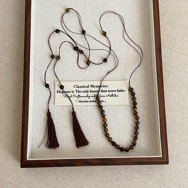 

Retro Long Adjustable Rope Sweater Chain For Women 2 Designs Natural Stone Tiger Eyes Brush Tassel Beads Pendant Necklaces коричневый