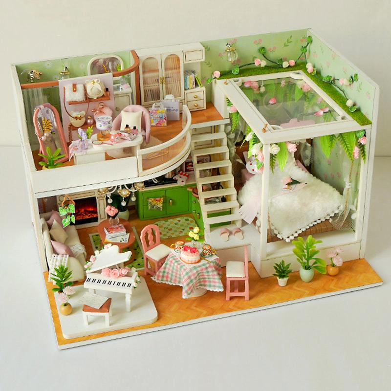 

DIY Wooden Flower Girls Loft Doll Houses Miniature Model Kits Dollhouse Furniture 3D Puzzle for Friends Birthday Gifts