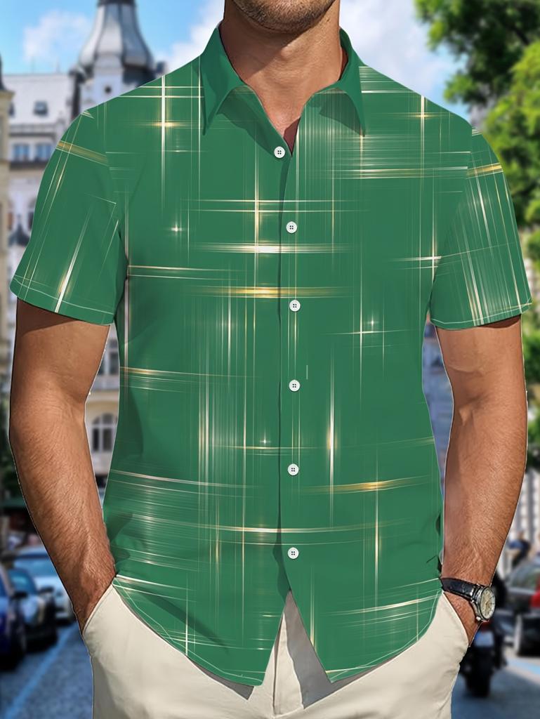 2026 Vintage Estate Uomo Camicie a Quadri Geometrici a Griglia Manica Corta Collo a Revers Stampa 3D Camicie Hawaiane per Vacanze Abbigliamento Casual da Uomo