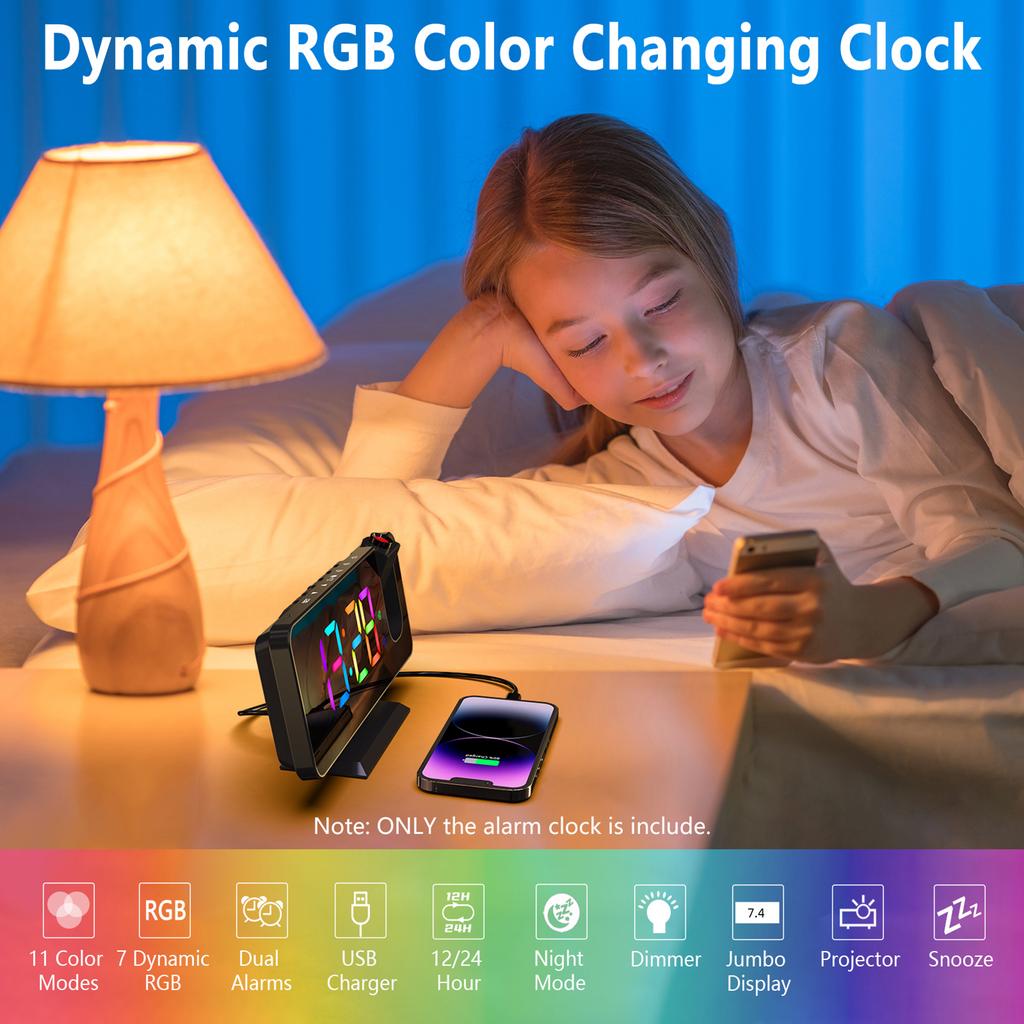 Digital 180 degrees Projection Alarm Clock with Dynamic RGB Light Brightness Snooze Dual Alarm Setting USB Port Mirror Clock for Be