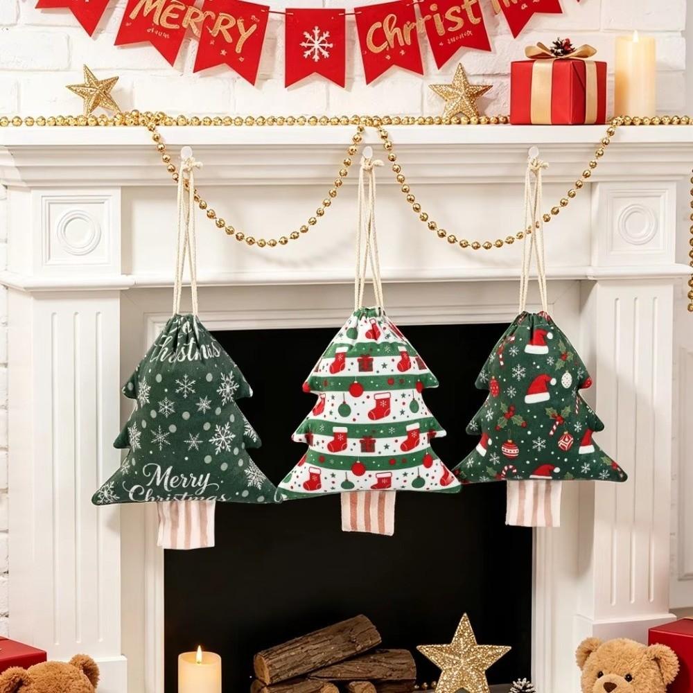 Tree Shaped Christmas Gift Bag Christmas Stockings Snowflakes Pattern Drawstring Bag Velvet Christmas Tree Shaped Bag