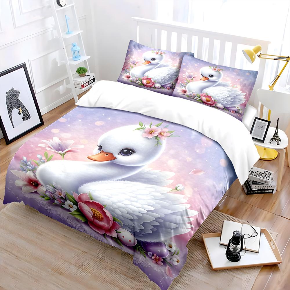 Swan With Floral Background Bedding Set For Kids Luxury Gift 3Pcs Digital Print Comforter Set Soft Comfortable Breathable