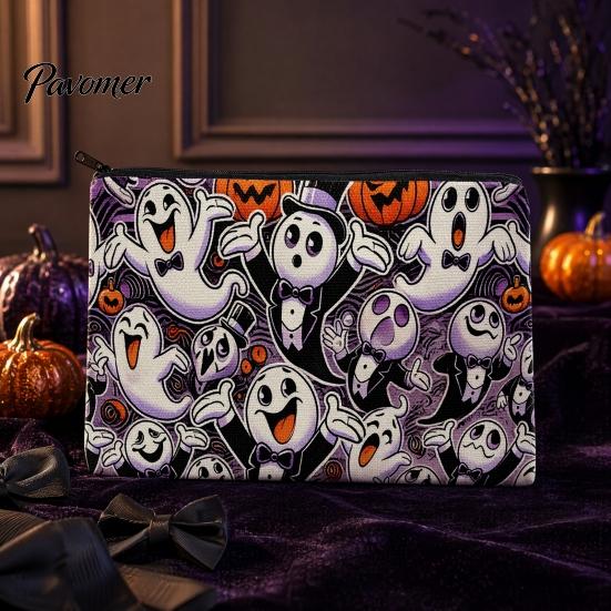 Thick Canvas Bag Halloween Storage Bag, with Colorful Cartoon Ghost Print, Durable Portable Makeup Zipper Large Capacity Lightweight Travel Toiletry