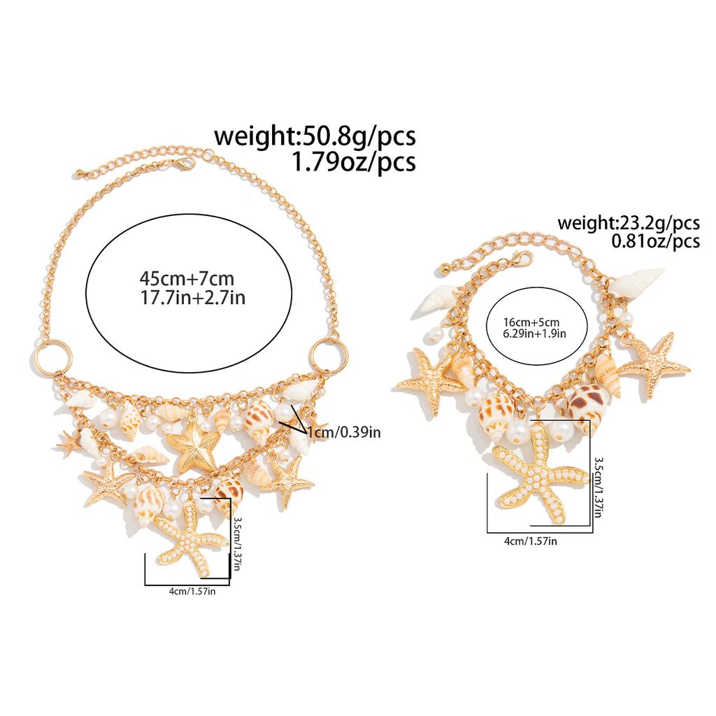 Boho Ocean Starfish Conch Tassel Pendant Choker Necklace Chain Bracelet Summer Beach Vacation Jewelry Set Gift